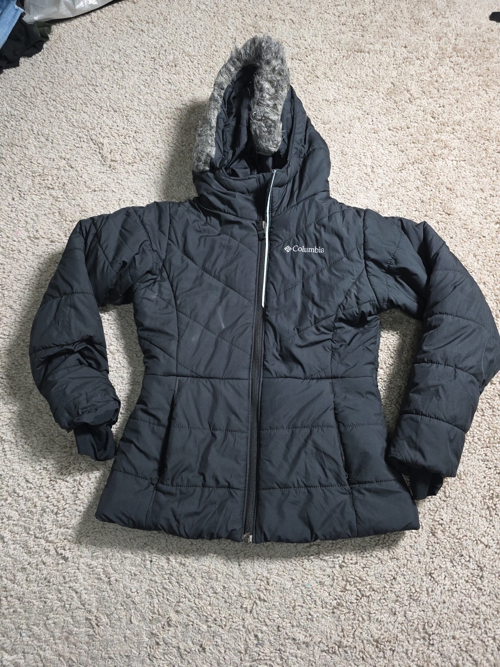 Columbia Puffer Jacket Faux Fur Hooded Winter Coat Kids S  Black Parka Insulated